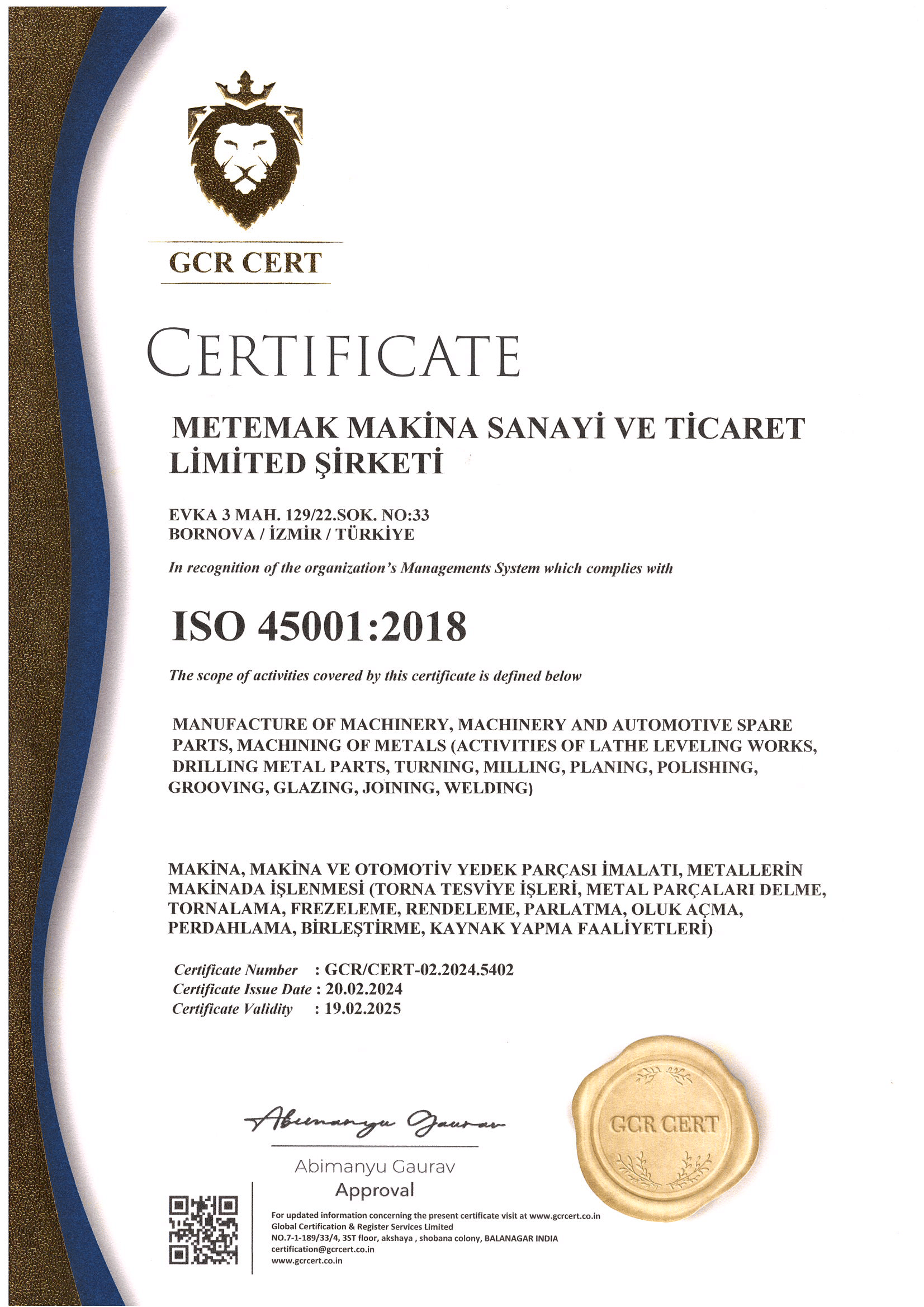 METEMAK MAKİNA ISO 45001-1